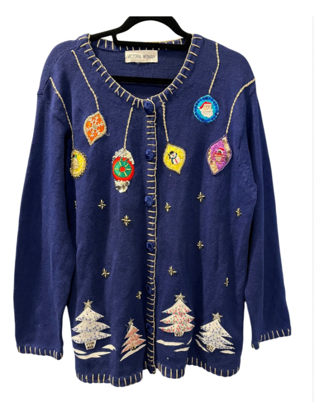 Vtg Victoria Woman Ugly Christmas Cardigan Sweater XL Blue Beaded Ornament Tree